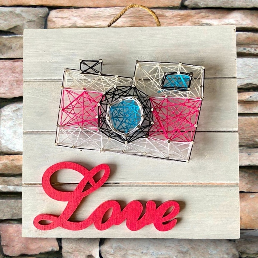 Handmade Camera Nail and String Art Hanging